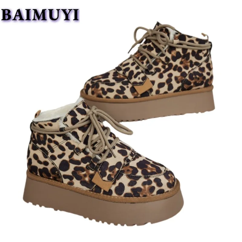 Leopard Women Platform Flats Snow Ankle Boots Suede Warm Shoes Winter 2025 New Short Plush Chelsea Boots Casual Sport Booties