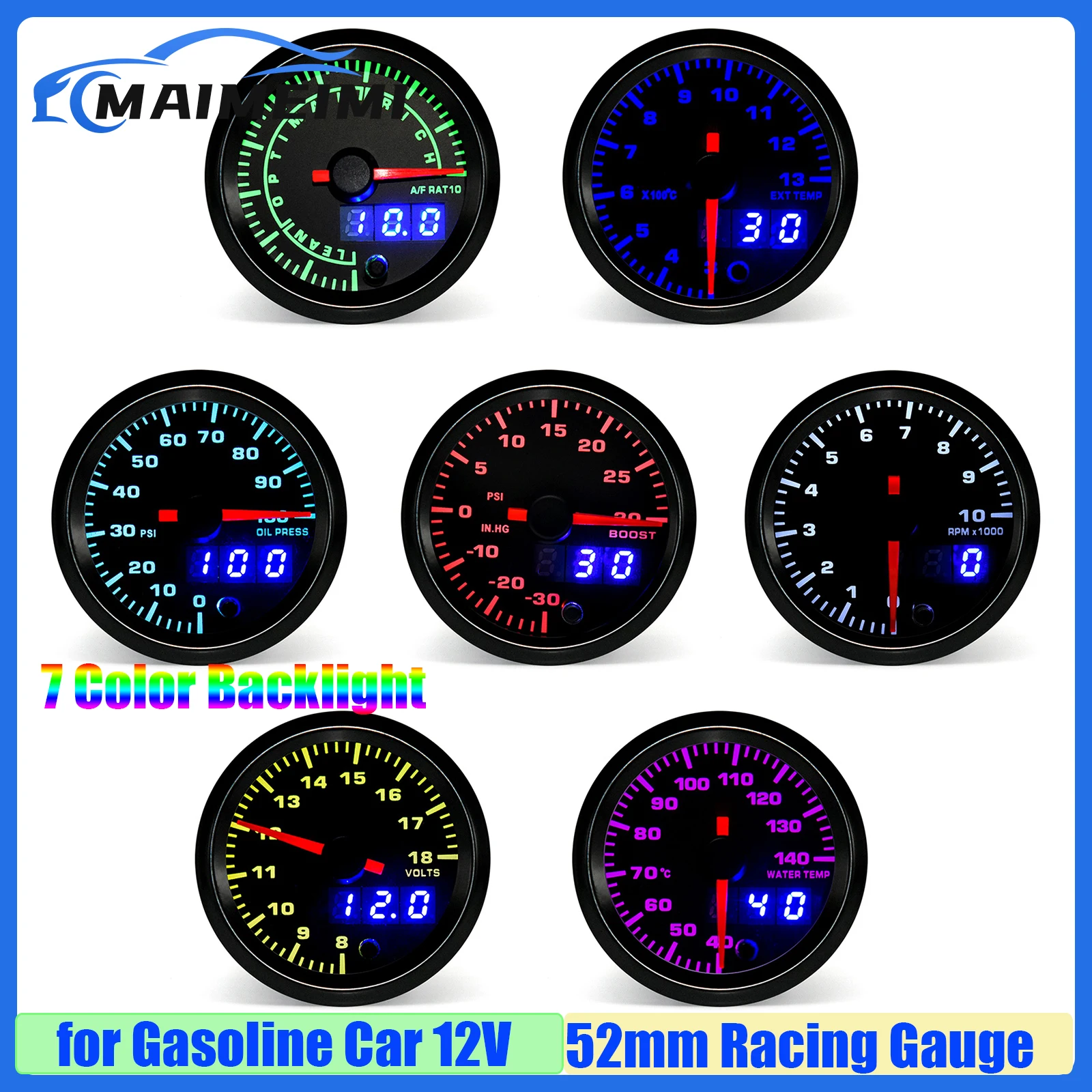 7 Color 52mm Tachometer Boost Turbo Meter Water Temp Oil Pressure Voltage Air Fuel Ratio EXT Temp Gauge for Gasoline Car Custom