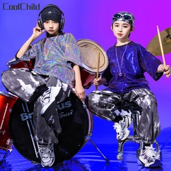 Boys Sequin Silver T-shirt Hip Hop Tie Dyed Cargo Pants Girls Streetwear Kids Street Dance Clothes Sets Child Jazz Stage Costume