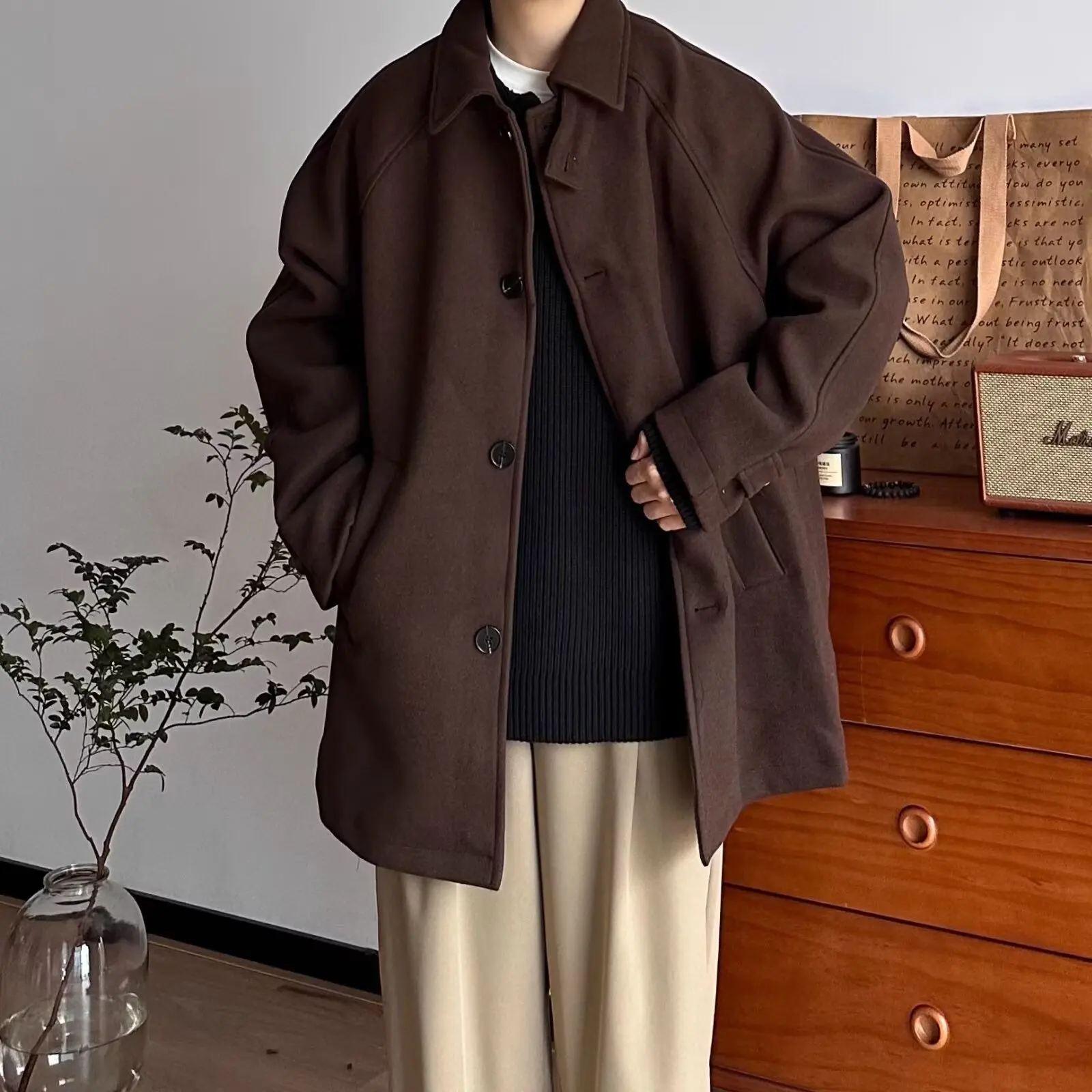 

Autumn Winter Thiened Large Size Men's Woolen Coat Medium Length Casual Outerwear Warmth Windbreaker Loose Fit Youth Faion