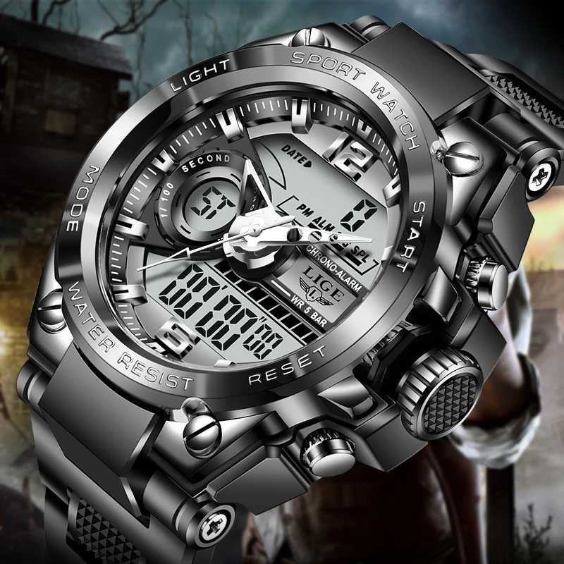 LIGE Digital Men Military Watch 50m Waterproof Wristwatch LED Quartz Clock Sport Watch Male Big Watches Men Relogios Masculino
