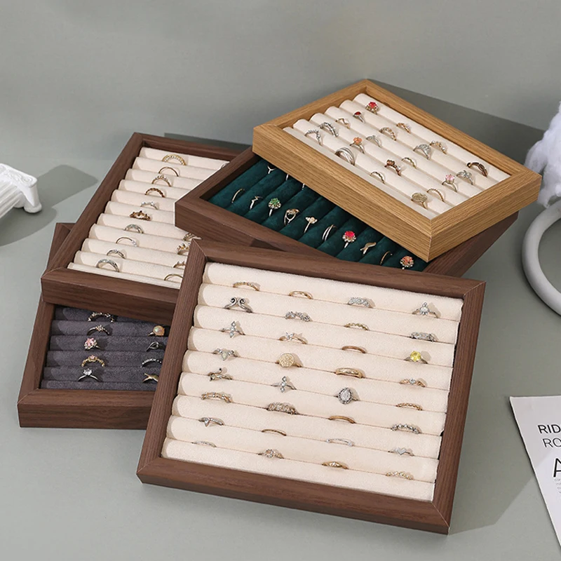 Fashion Walnut Grain Jewelry Tray Velvet Rings Stud Earrings Bangle Display Storage Trays Jewellery Organizer Showcase Props
