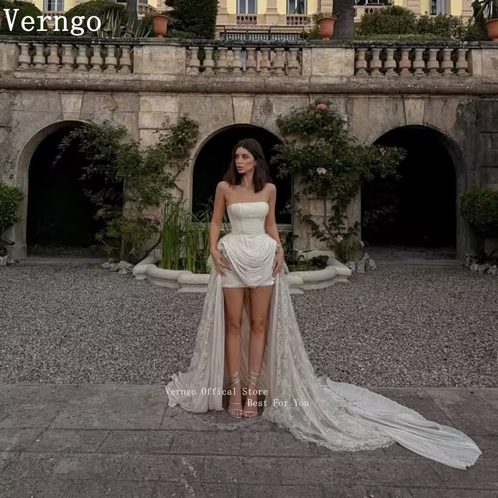 

Verngo lvory Lace Luxury Mini Weddng Dress High Low Sweep Train After Party Dress Elegant Modern Bride Gown Customized