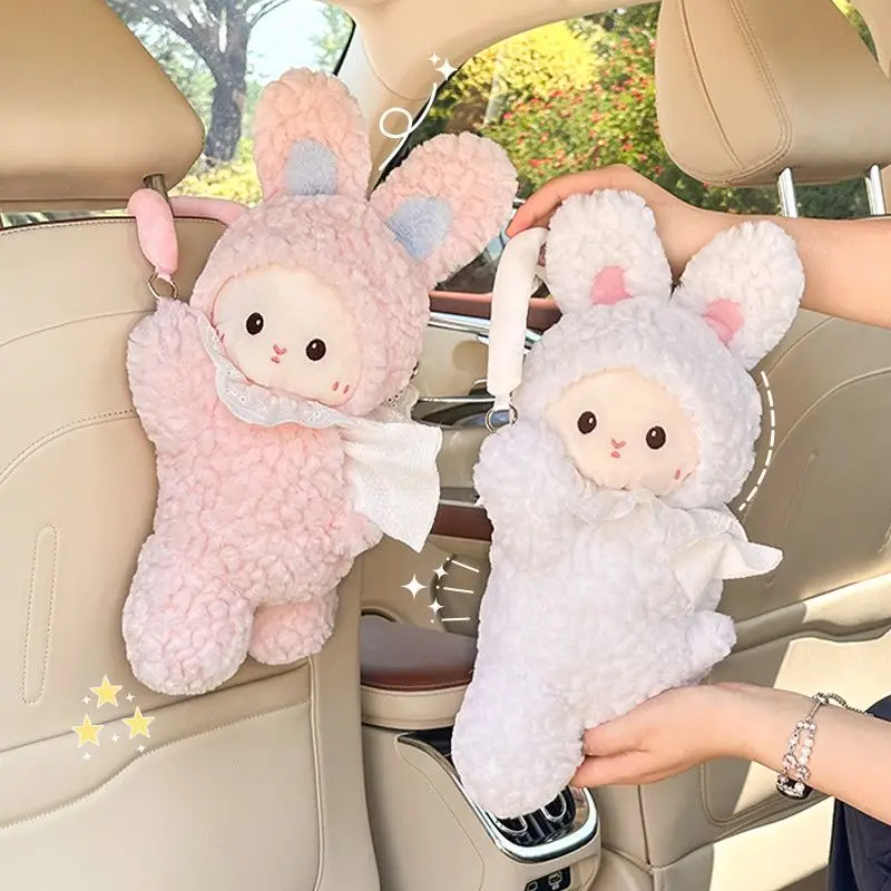 

Cute Cartoon Rabbit Car Tissue Box Fluffy Plush Doll Hanging Auto Tissue Holder