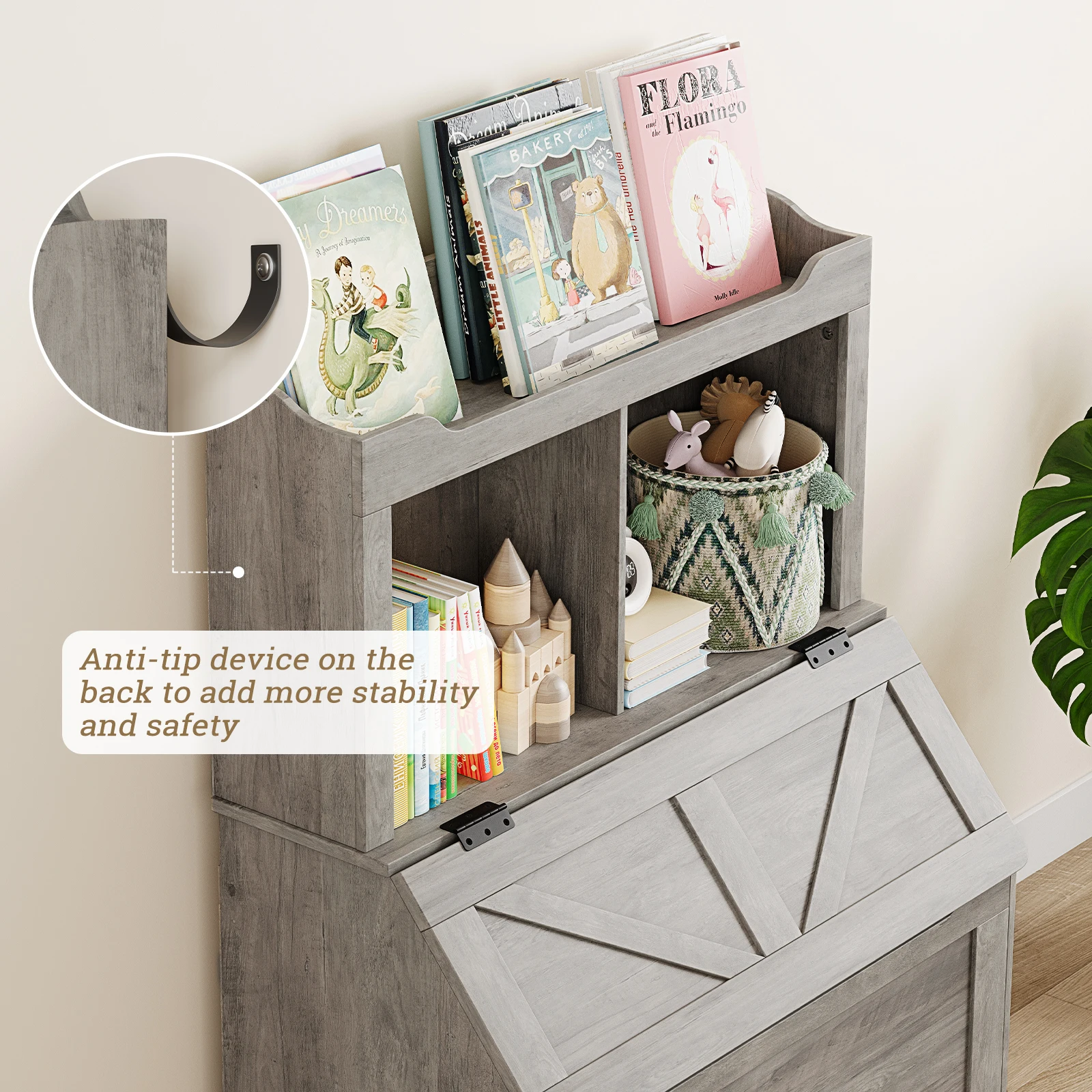 رف كتب للأطفال ومنظم تخزين الألعاب صندوق ألعاب خشبي كبير مع غطاء قلاب ومقصورة لغرفة النوم وغرفة اللعب #5