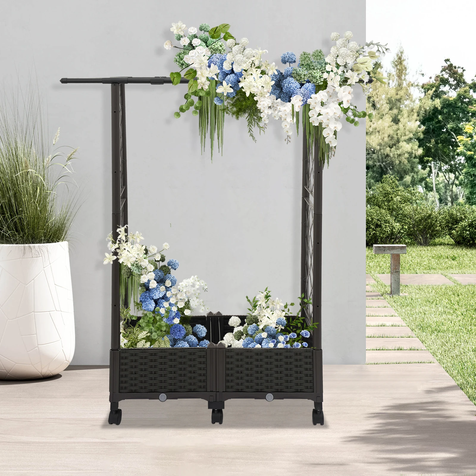 

116x40x129.5cm Grid-Patterned Flower Box with Wheels, Planter Garden Box, With a Water Storage Area for Backyard Balcony Patio