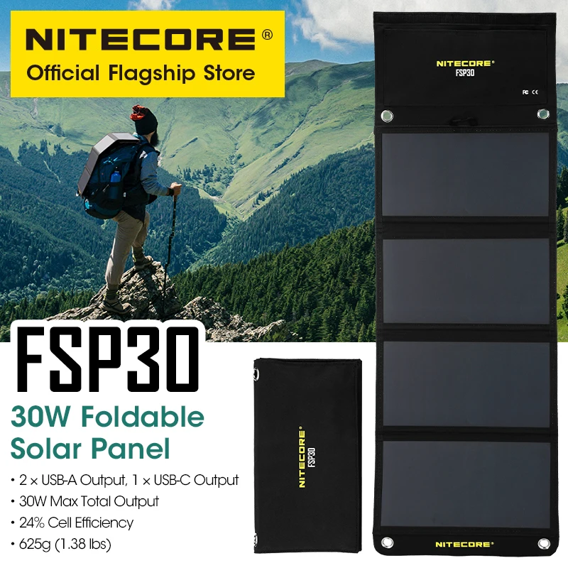 NITECORE FSP30 30W Portable Solar Panel Waterproof Small Solar Cell USB-C PD 18W Fast Charger for Phone Camping Hiking Riding