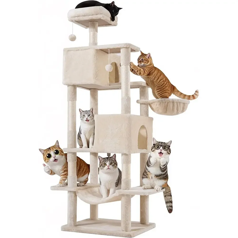 

66 Multi-Level Cat Tower with Scratching Post, Plush Perch, and Activity Center for Kittens - Beige