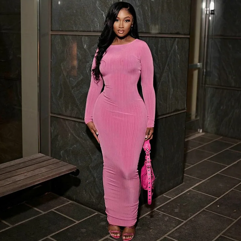 

Women'S New Solid Color Round Neck Long Sleeved Thread Slimming Party Temperament Long Dress