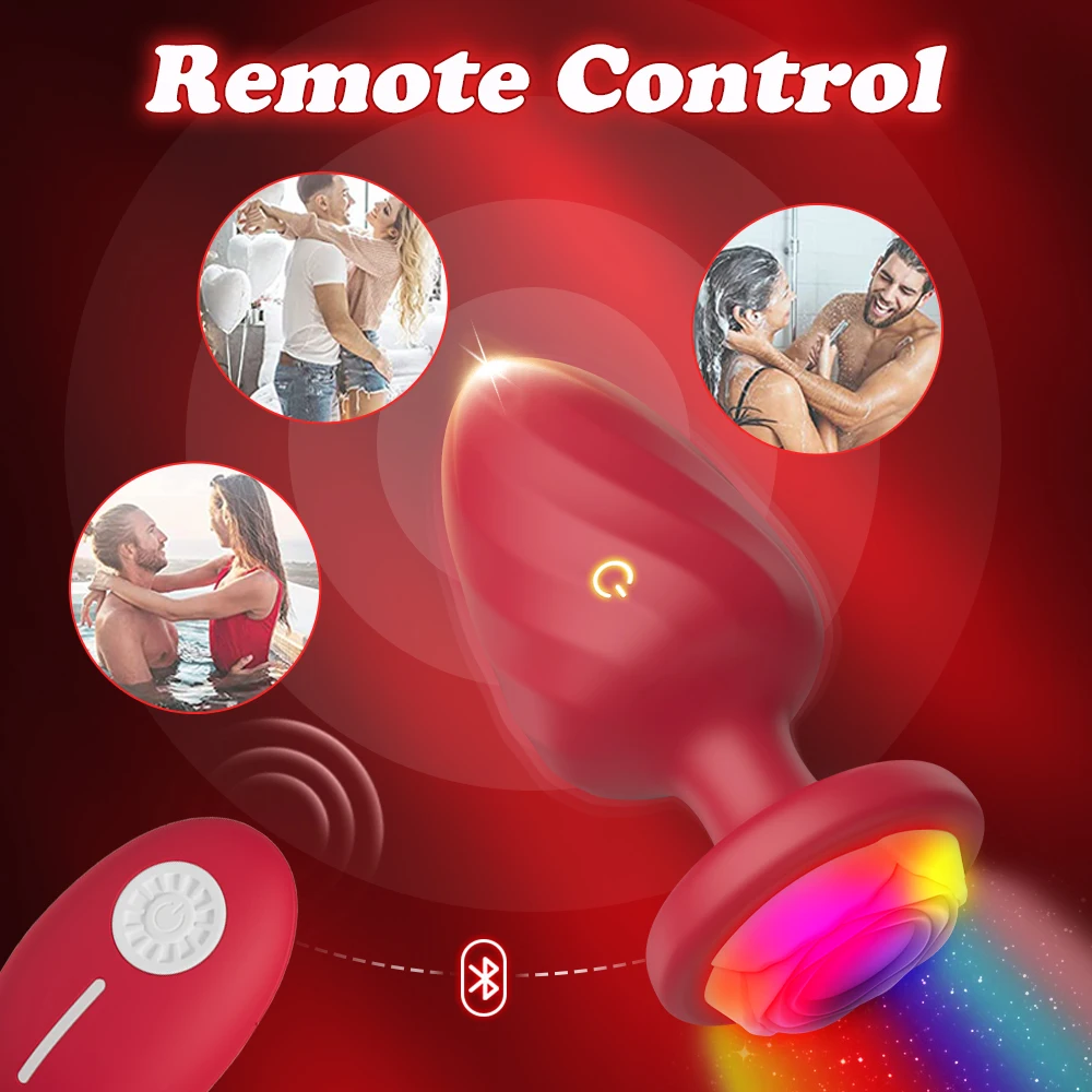 Rose Light LED Buttplug Wireless Remote Anal Vibrator Butt Plug Prostate Massager Masturbator LED Sex Toys for Men Women Sextoy