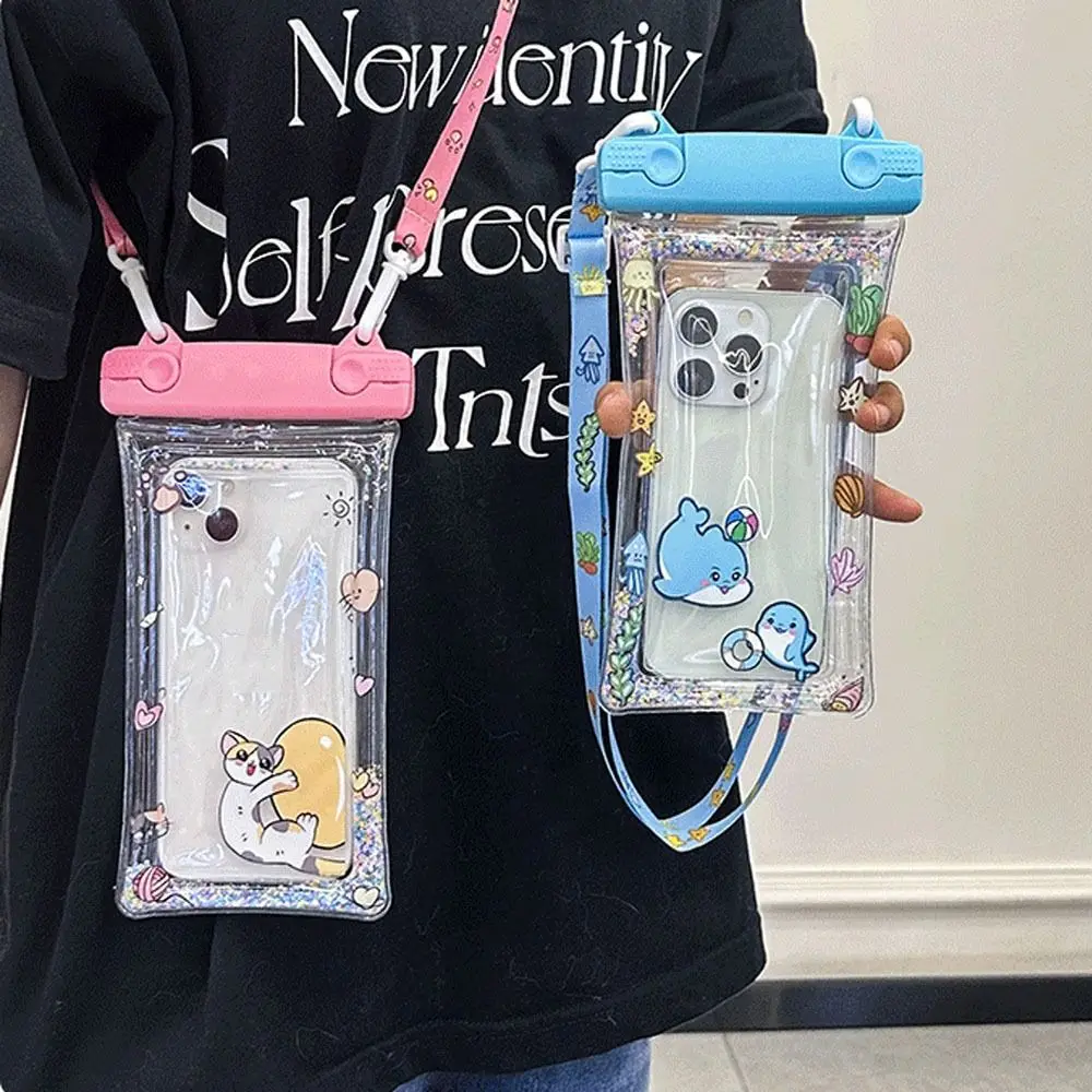 الكرتون حقيبة الهاتف مقاوم للماء العائمة شاشة تعمل باللمس وسادة هوائية الغطاء الواقي مختومة الحبل السباحة حقيبة التخزين