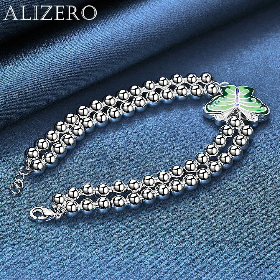 ALIZERO 925 Sterling Silver Green Butterfly 6mm Round Bead Double Chains Bracelet Fashion Jewelry Exquisite Party Gift