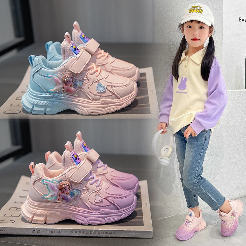 Fashion Kids Disney Princess Cartoon Frozen Sports Shoes Girls Cute Casual Tenis Outdoor Running Sneakers Size 26-37