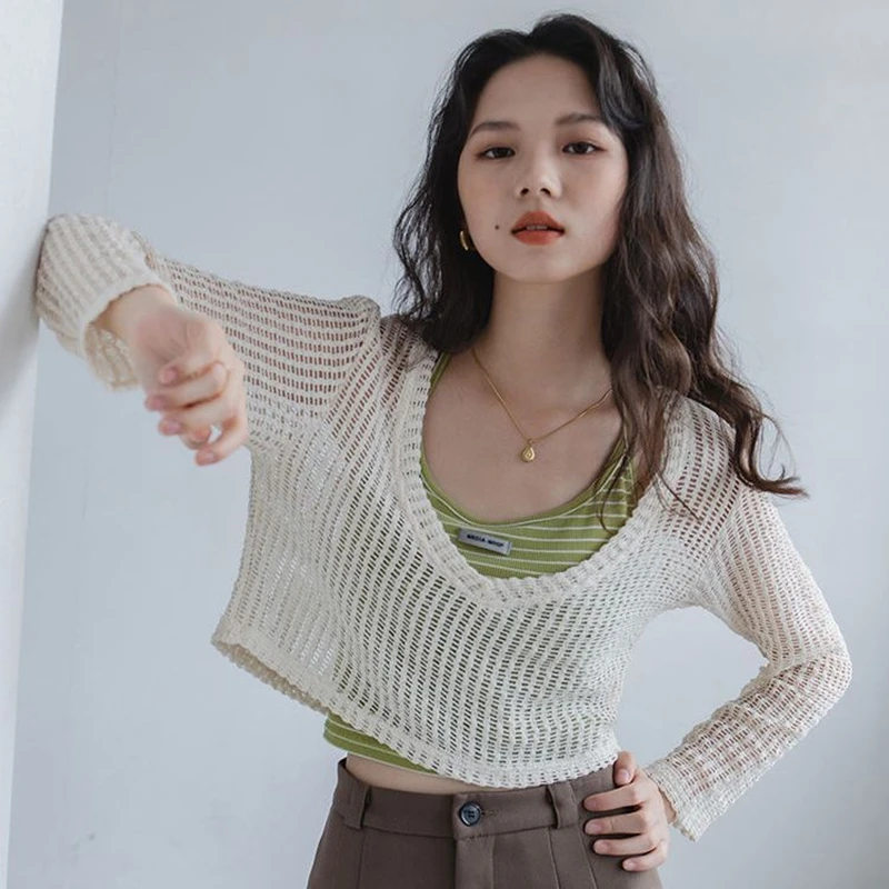 2024 Spring Summer Women Green Clothing Outfits Korean Lady Fashion Hollow Out Knit Tops Sling Vest High Waist Pants 3 Pcs Sets