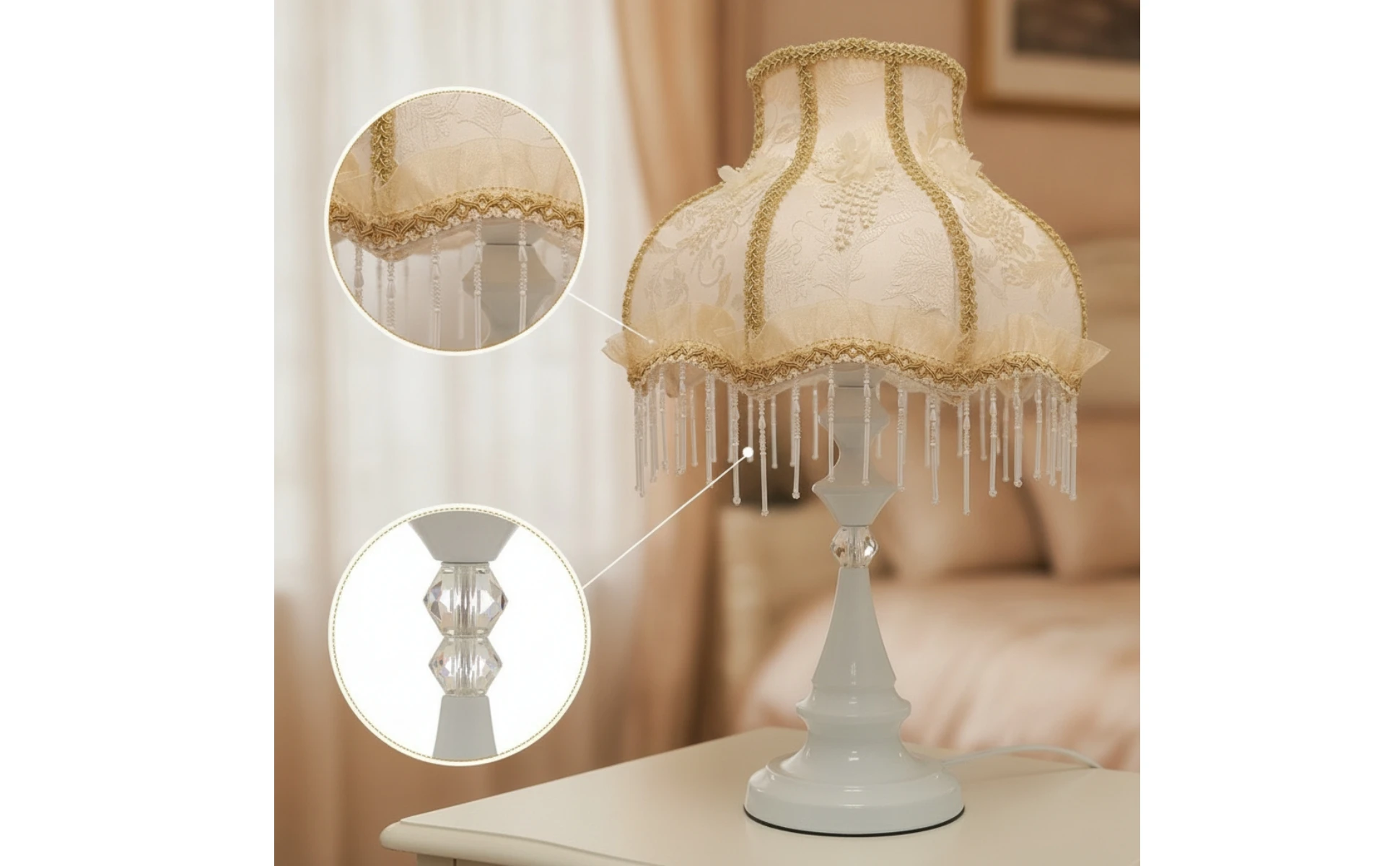 Fringe Table Lamp Ornate Table Lamp with Textile Shade Corded Elegant for Girls, Bedroom, Reading Corner
