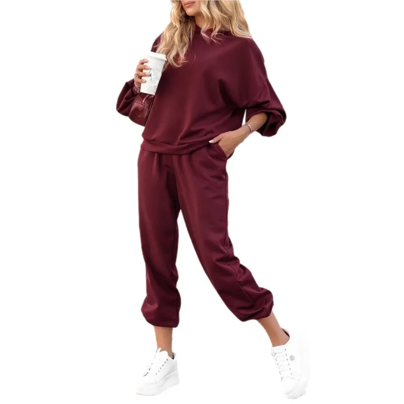 جديد الخريف الشتاء تنوعا الرياضة نمط بلون دعوى المرأة جولة الرقبة طويلة الأكمام فضفاضة البلوز بنطال ذو قصة أرجل واسعة 2 قطعة مجموعة #6