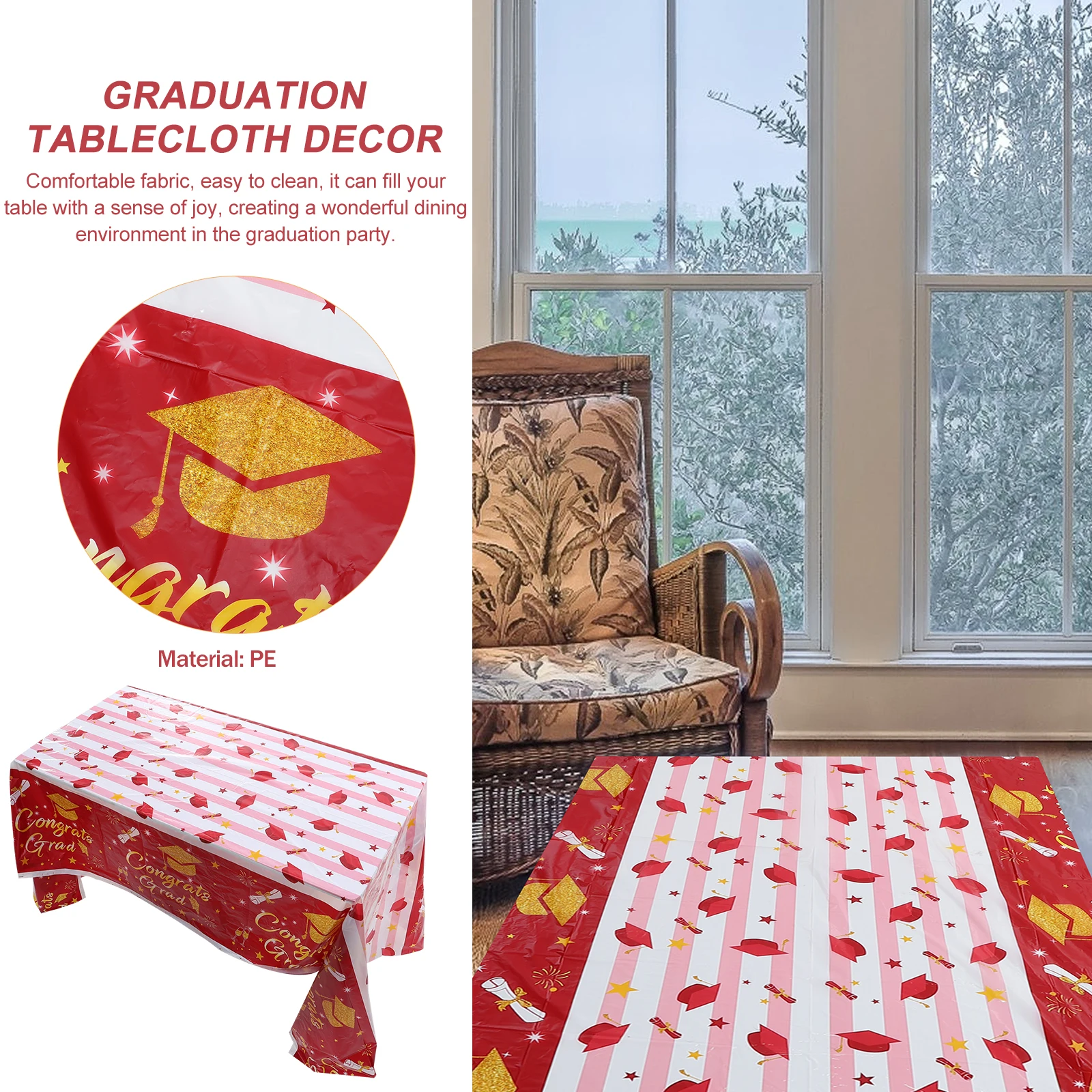 

Graduation Tablecloth 130x220cm Red Cap Design Decorative Party Supplies Safe PE Material Perfect for Home Restaurant Graduation