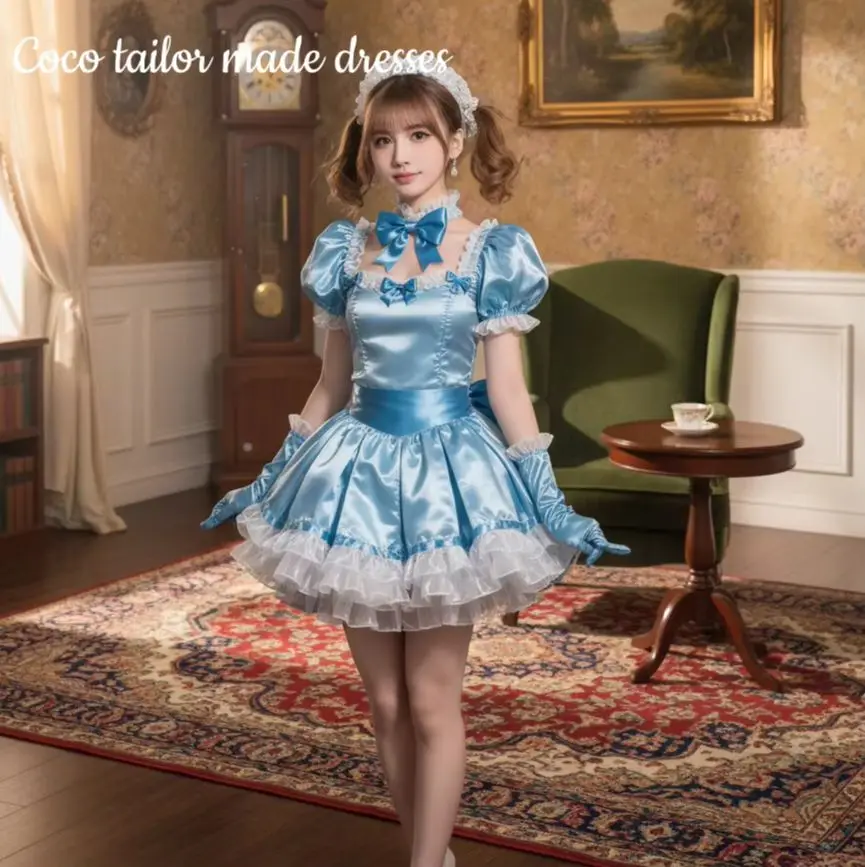 Shiny Mini Short Prom Dress Puff Sleeves Frilly Ball Gown Light Sky Blue Lolita Cosplay Party Costume Bow Back Customized