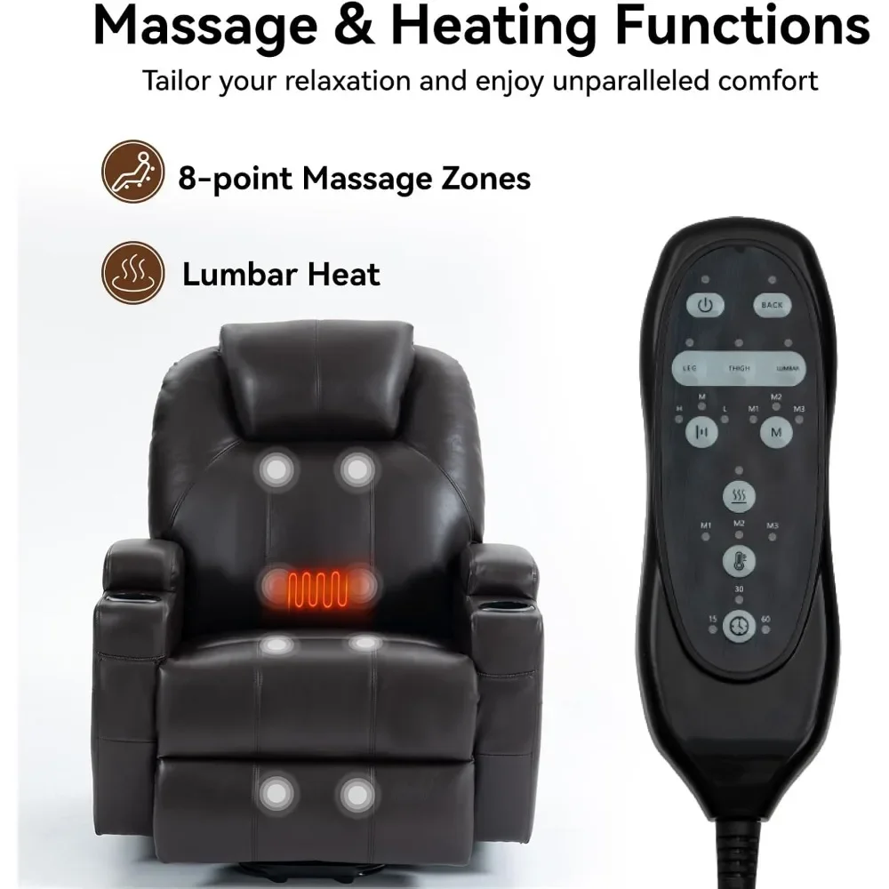 Chaise pour personnes âgées avec fonction massage et chauffage, avec ports USB et Type-C, 2 porte-gobelets