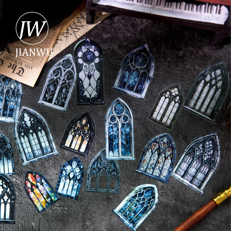 JIANWU Forgotten Castle Series Vintage Dark Butterfly Flower Landscape Material Collage PET Sticker Creative Journal Stationery