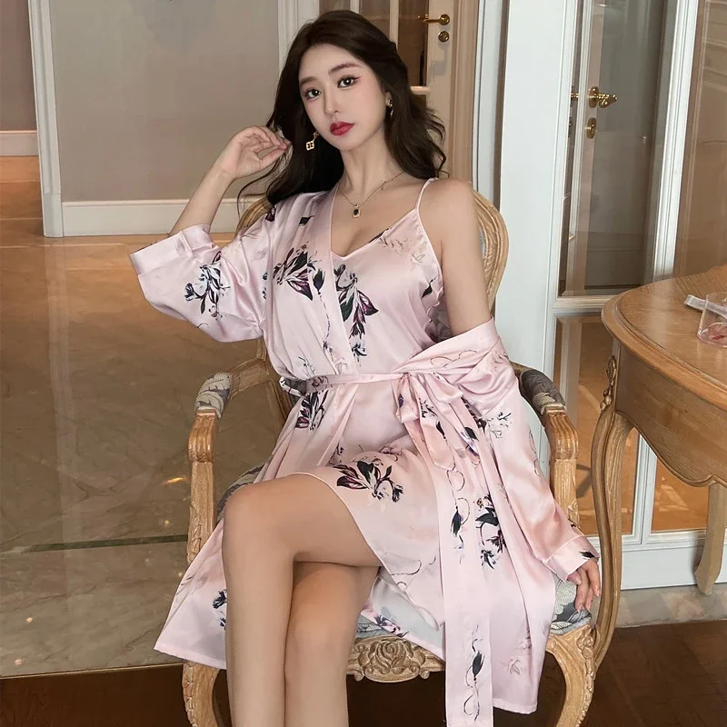 Pink Wisteria Print Women's Nightgowns with Bra Elegant Aesthetics Y2k Female Sleepwear 2024 New Summer Chic Lady Halter Nightie