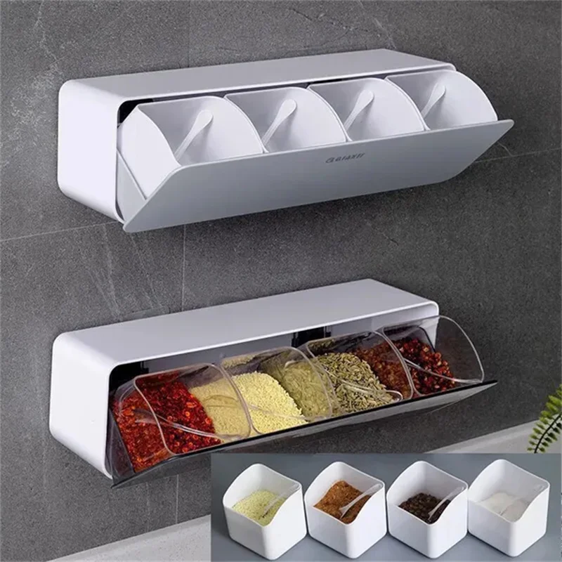 4 In 1 Seasoning Box Combination Set Wall-mounted Seasoning Storage Box Sugar Salt Spices Container Organizer Kitchen Supplies