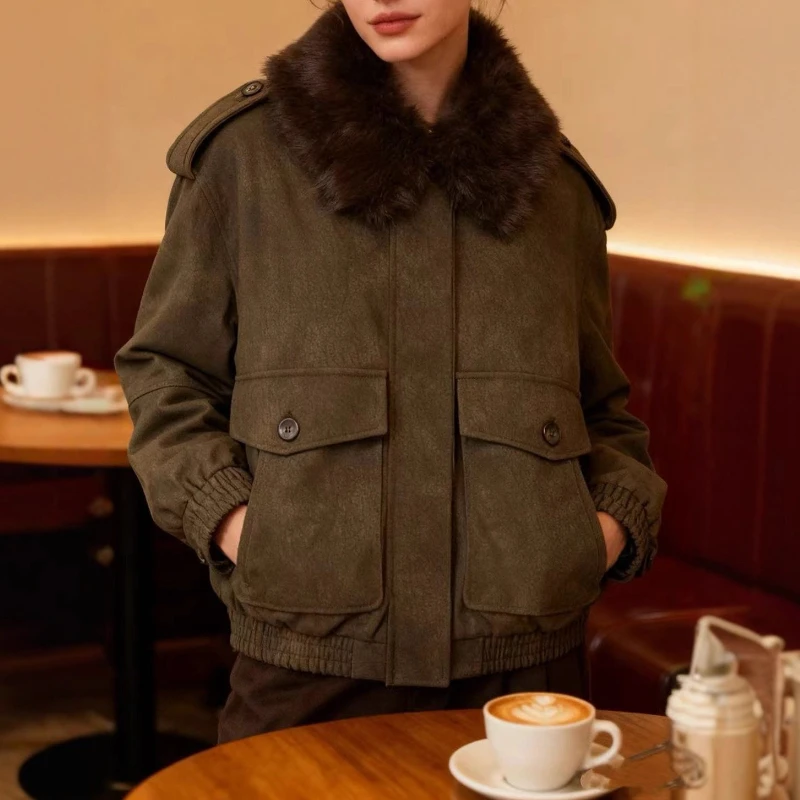

Women's Suede Detachable Collar Jacket with Versatile Fashion and Loose Fit
