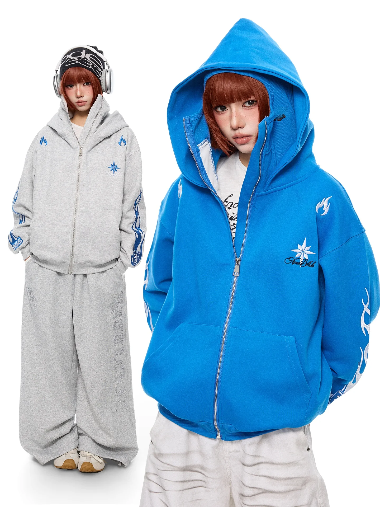 K787 American Retro Cross Stitched Hoodie Zipper Collar Unisex Long Sleeve Cotton Polyester Blend Youth Fashion Outerwear