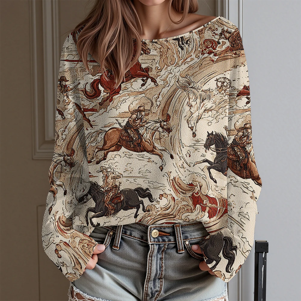 

Западно-ковбойский женский свитер с открытой ключицей, повседневный женский свитер, длинный свитер в стиле вестерн-ковбой