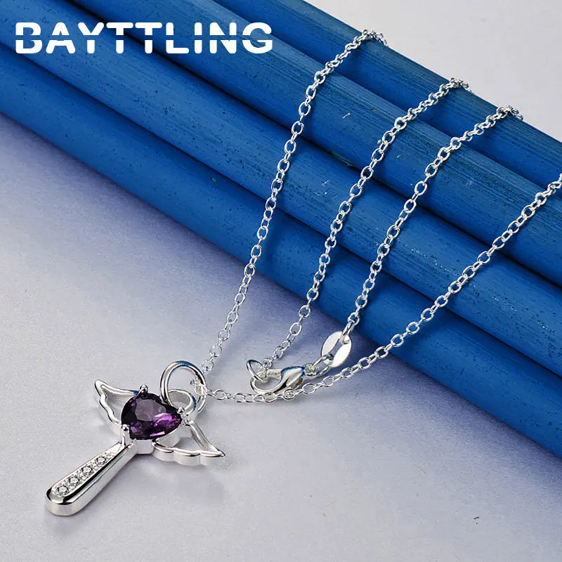 New 925 Sterling Silver 16-30 Inches Necklace Fine Purple Cross Zircon For Women Fashion Charm Wedding Gift Jewelry Party