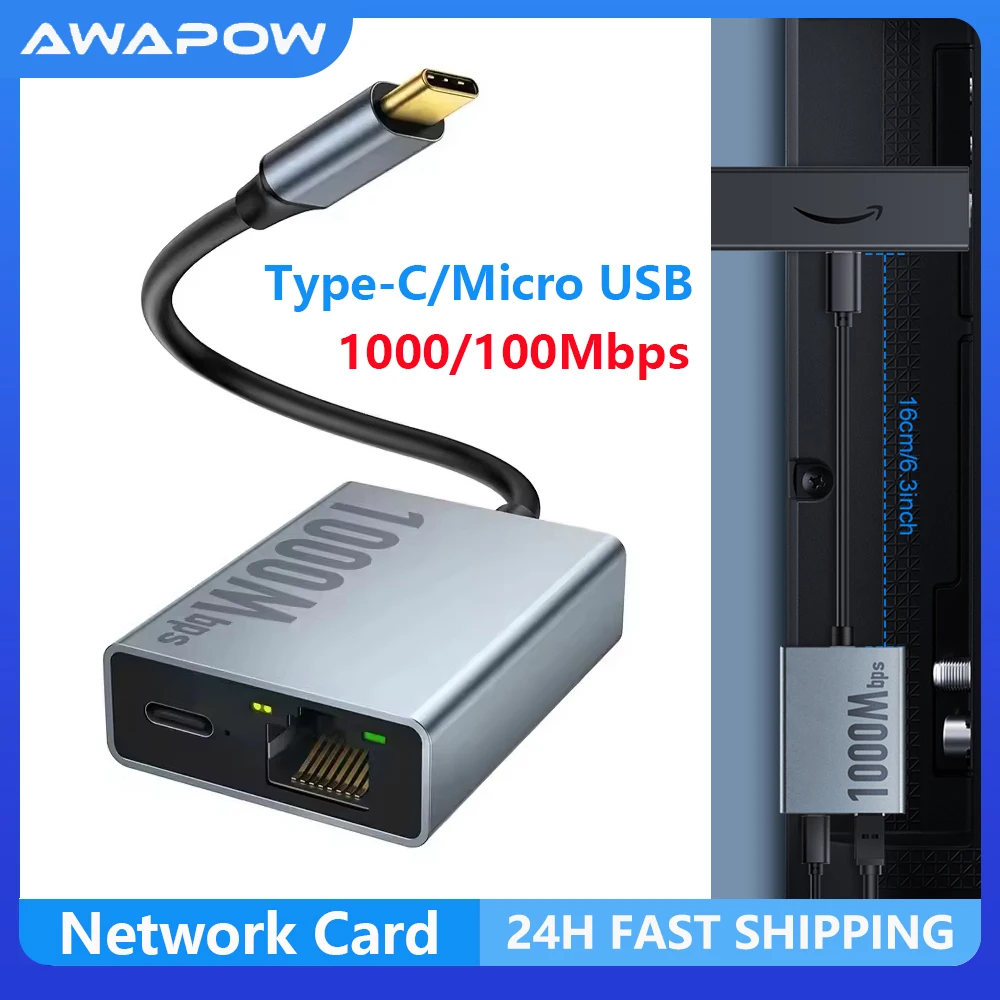 Awapow 1000/100Mbps Network Card Type-C Micro USB Ethernet Adapter for Chromecast 4K Google TV Phones Tablets Android Devices