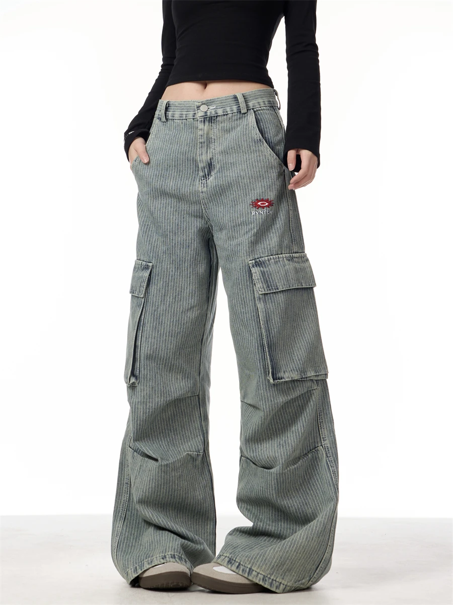 

Loose Straight Leg Women's Jeans Patchwork Stripes American Retro Spring New Style Street Style Natural Waist Long Pants