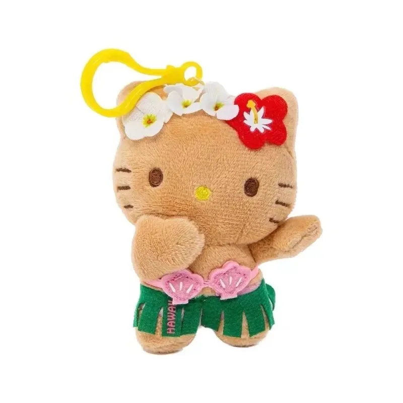 Hello Kitty Sanrio Hawaiian Series Plush Doll Filling Keychain Dark Skin Cartoon Plush Toy Pendant Cute Birthday Gift Black Skin