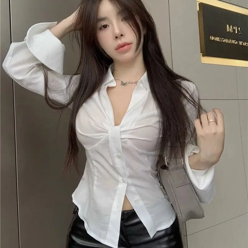 White V-neck Long Sleeve Shirt Pleated Slim Crop Top Summer New Vintage Sexy Streetwear Women Chic Blouse Women Clothing