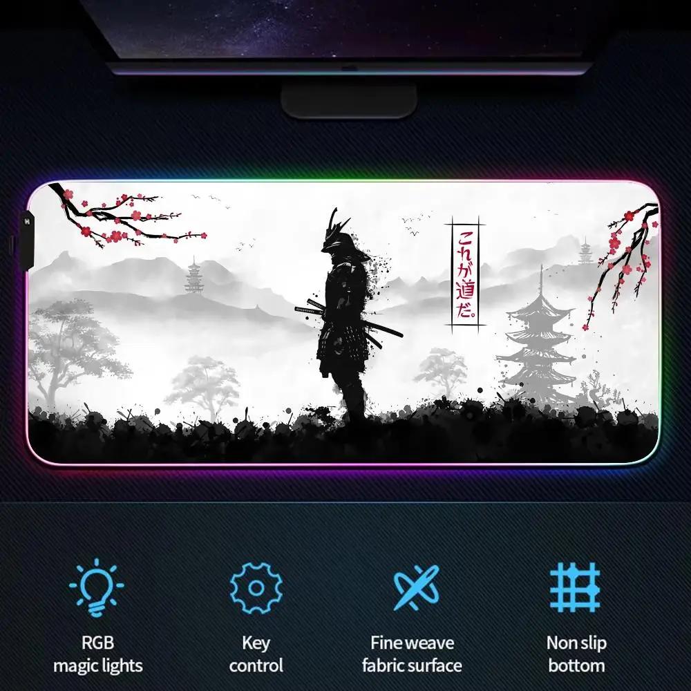 RGB Mouse pad Japanese samurai pattern gaming mat rubber anti-slip Desk Mat LED glow Gaming keypad mousepad gamer pc accessories