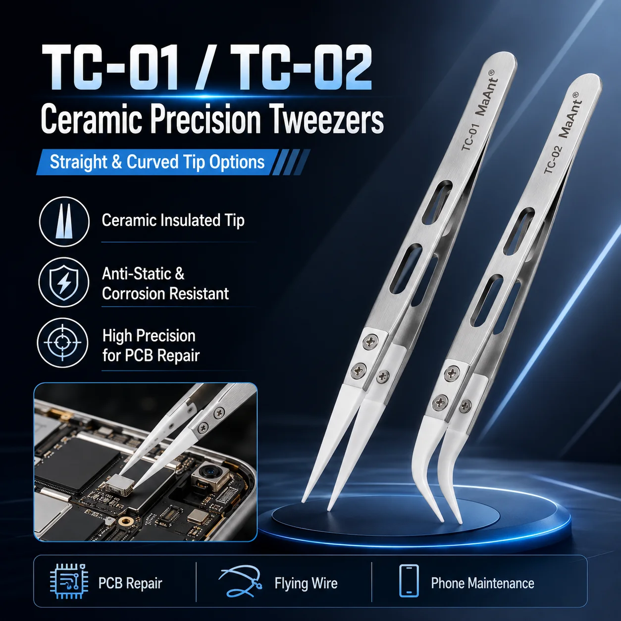 

MAANT TC-01 TC-02 Ceramic Tweezers Anti-Static Insulated Ultra Hard Tip for Phone CPU IC PCB Chip Repair Tool Kit Pro Sets Tools