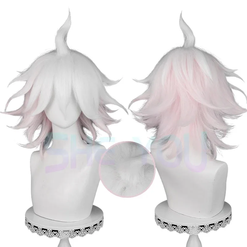 2025 danganronpa nagito komaeda 37cm curto rosa branco gradiente peruca anime cosplay resistente ao calor sintético ha