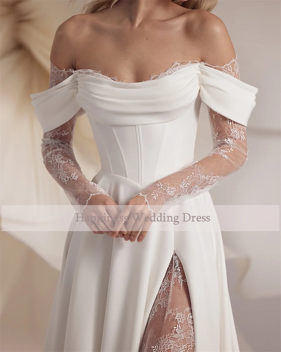 Customized Strapless Corset Designs Cap 3/4 Lace Sleeve Wedding Dress   Front Split  Lace  Lace Up Bridal Gowns