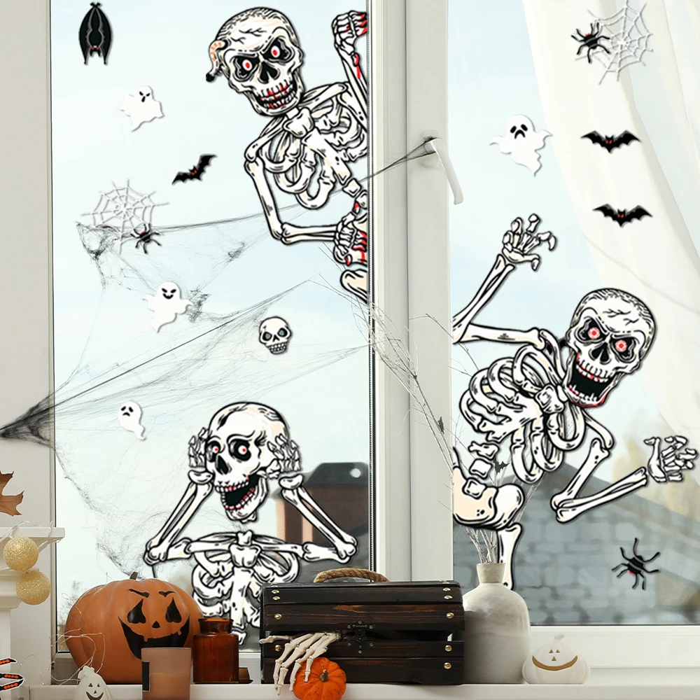 Neue Halloween Skelett Aufkleber Geist Spinne Muster Fenster Glas Aufkleber Spukhaus Requisiten Halloween Party Dekoration für Zuhause