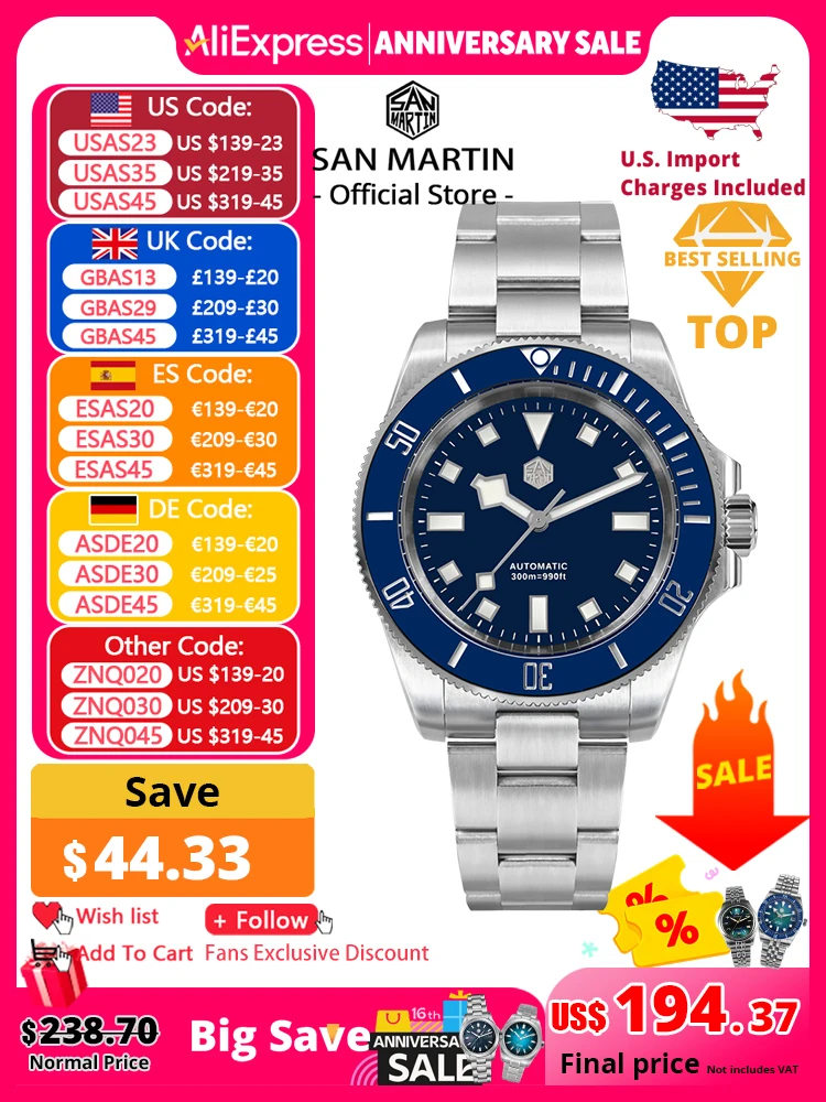 San Martin 40mm Stainless Steel Classic Men Diver Watch Japan NH35 Automatic Mechanical Sapphire Waterproof 300m SN0111