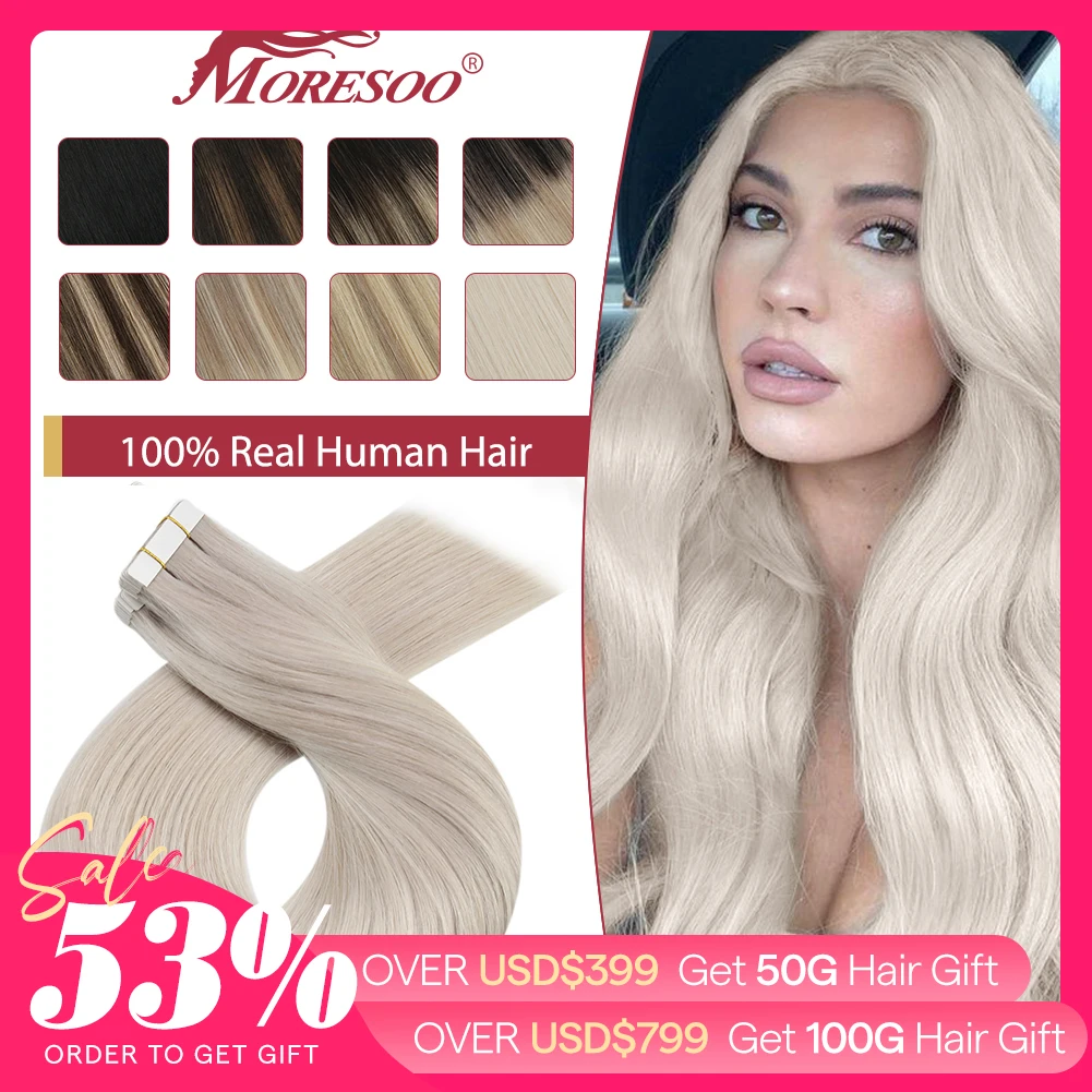 Moresoo Tape in Hair Extensions Balayage Remy Real Human Hair for Women Invisible Seamless PU Skin Weft Straight Hair Tape ins