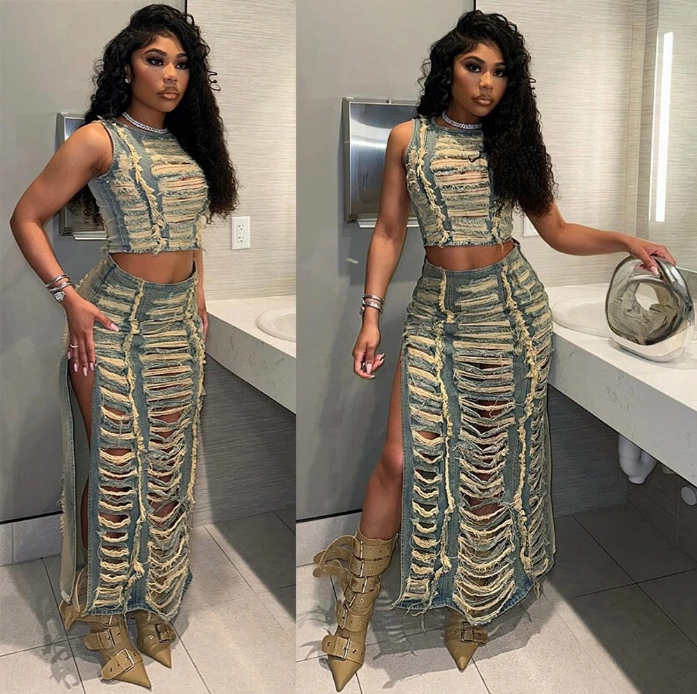 

Hollow Out Jeans Skirt Outfit Set Sexy Women Elegant Two Pieces Denim Club Matching Set Top+Long Skirt