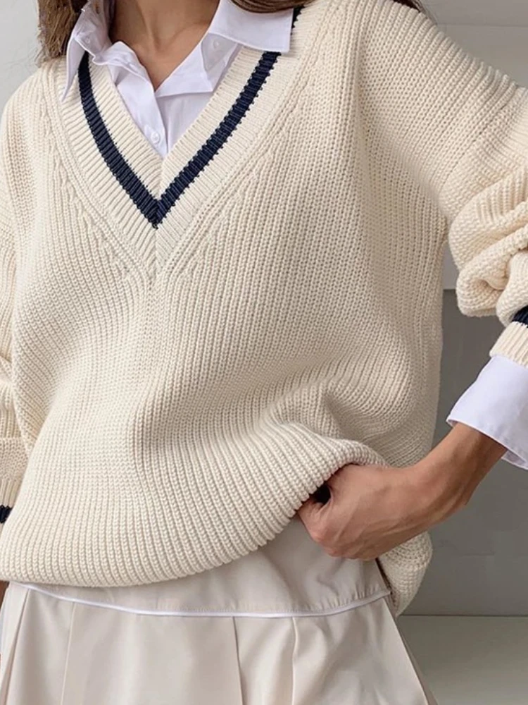 

Autumn Winter European and American Style Casual Color Blocking Fashion Loose-fit Long Sleeve Women's Sweater Pullovers