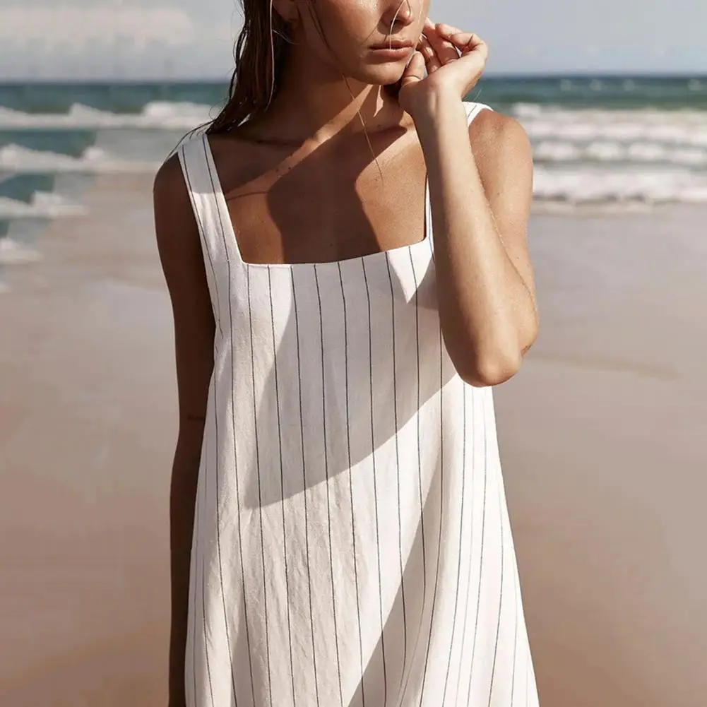 

Striped Print Summer Dress Striped Square Neck Maxi Dress for Women A-line Beach Sundress with Ankle Length for Wear Commuting