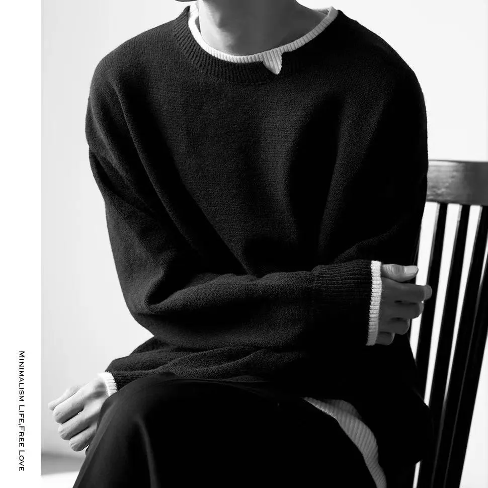 

Модный повседневный мужской вязаный свитер, круглый топ из двух предметов Ne Fake, модный осенне-зимний теплый длинный свек, свободный крой, уличный...