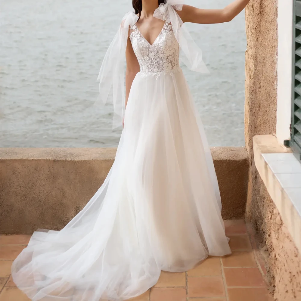

Wide Straps Wedding Dresses Applique Lace V Neck Bridal Growns Zipper Back Button Evening Dresses Customized свадебное платье