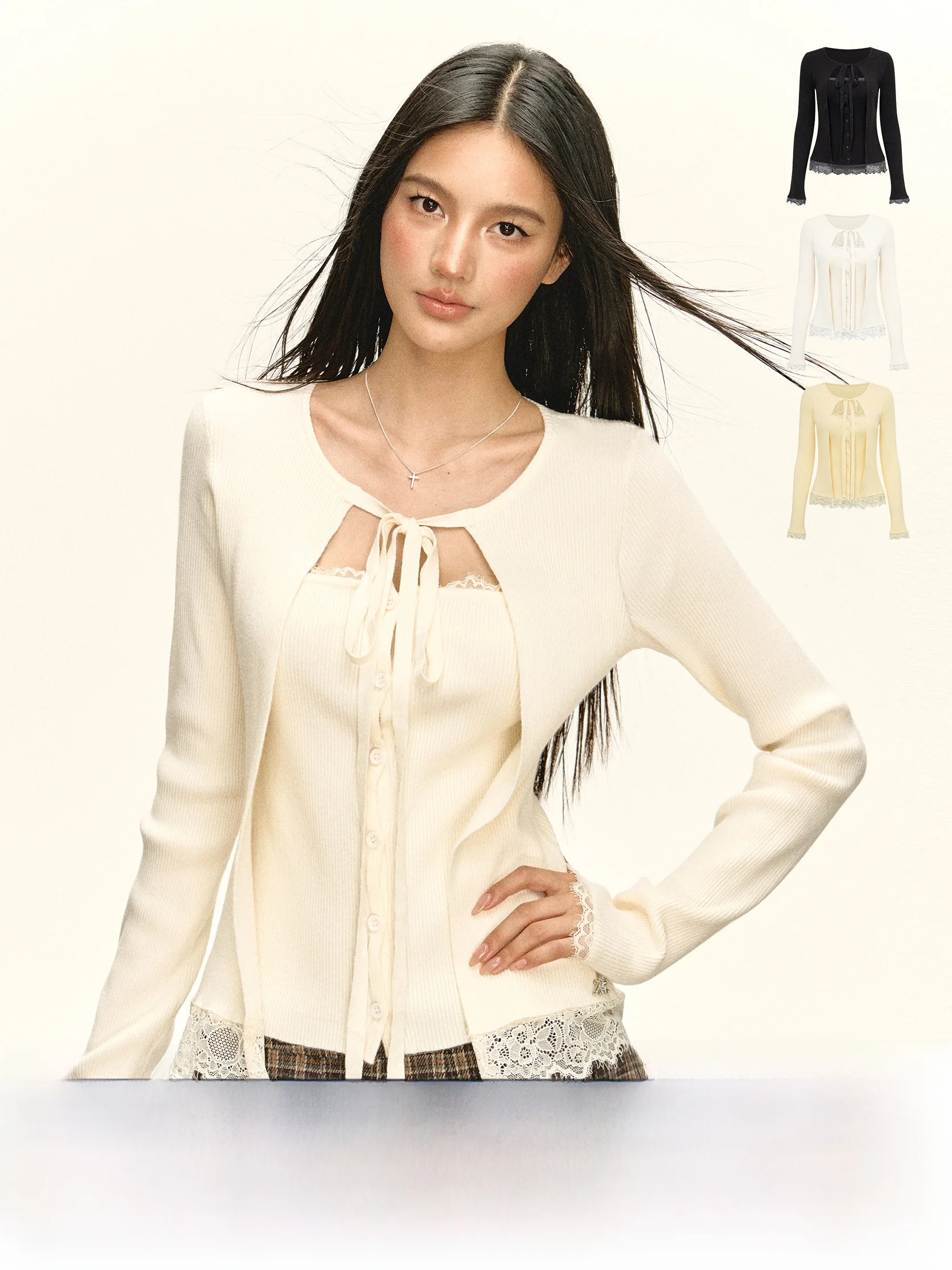 

Ariseism American Retro Splicing Lace Trim Knitted Sweater Fake Two-Piece Street Sle Slim Fit Long Sve round Ne Summer