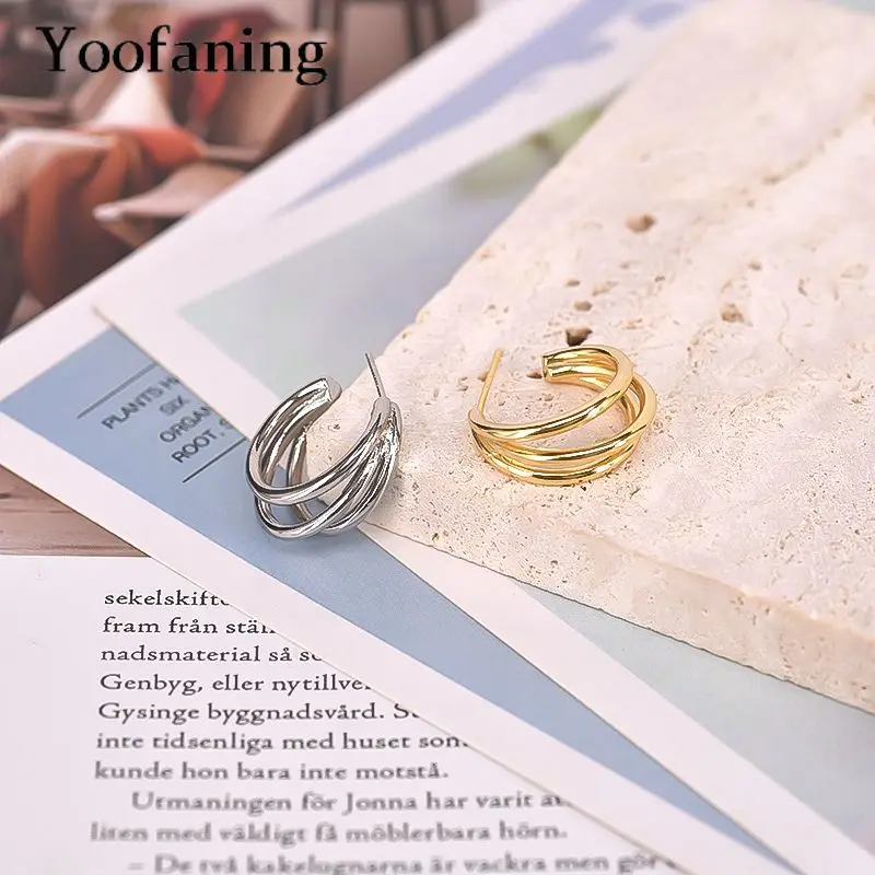 

925 Sterling Silver Ear Needle Fashion Minimalist Semicircle Three-ring Thick Open Stud Earrings Women's Popularity Ear Jewelry