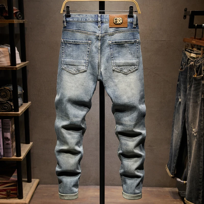 High Street Designer Fashion Men Jeans Retro Blue Stretch Slim Fit Multi Pockets Ripped Jeans Men Patched Hip Hop Denim Pants