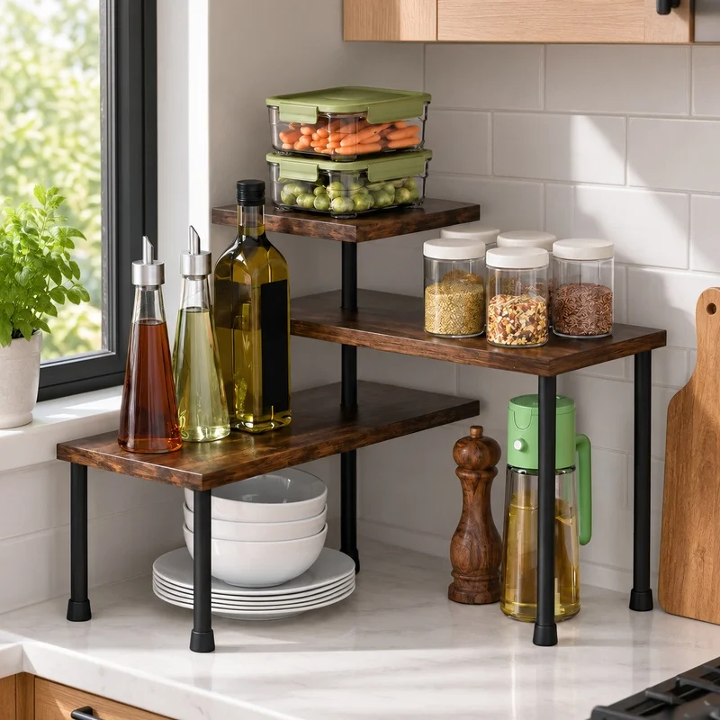 Mobile 3-Level Corner Rack for Organizing Spices and Coffee on Kitchen or Bathroom Counters